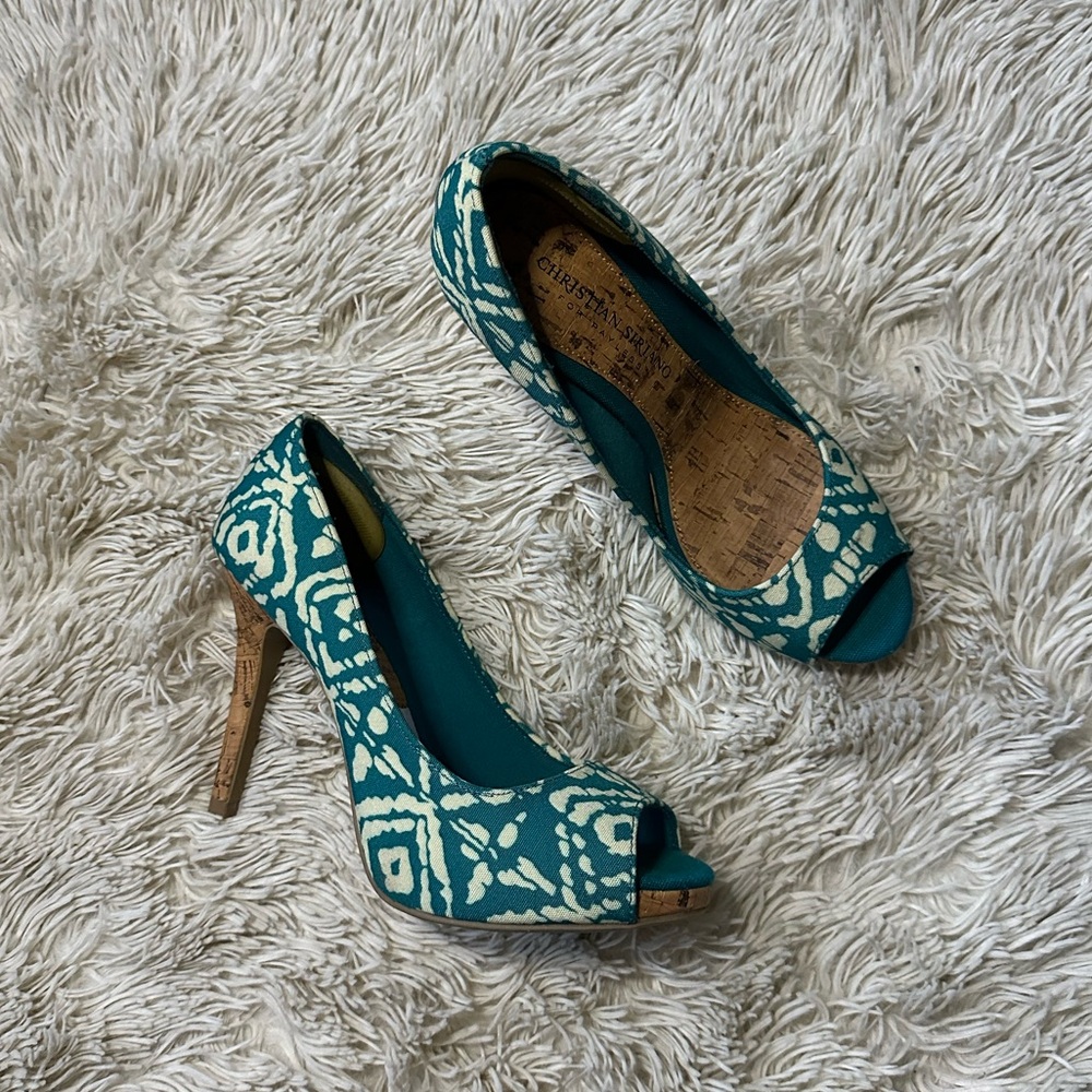 CHRISTIANO SIRIANO Teal Patterned Peep-Toe Heels
